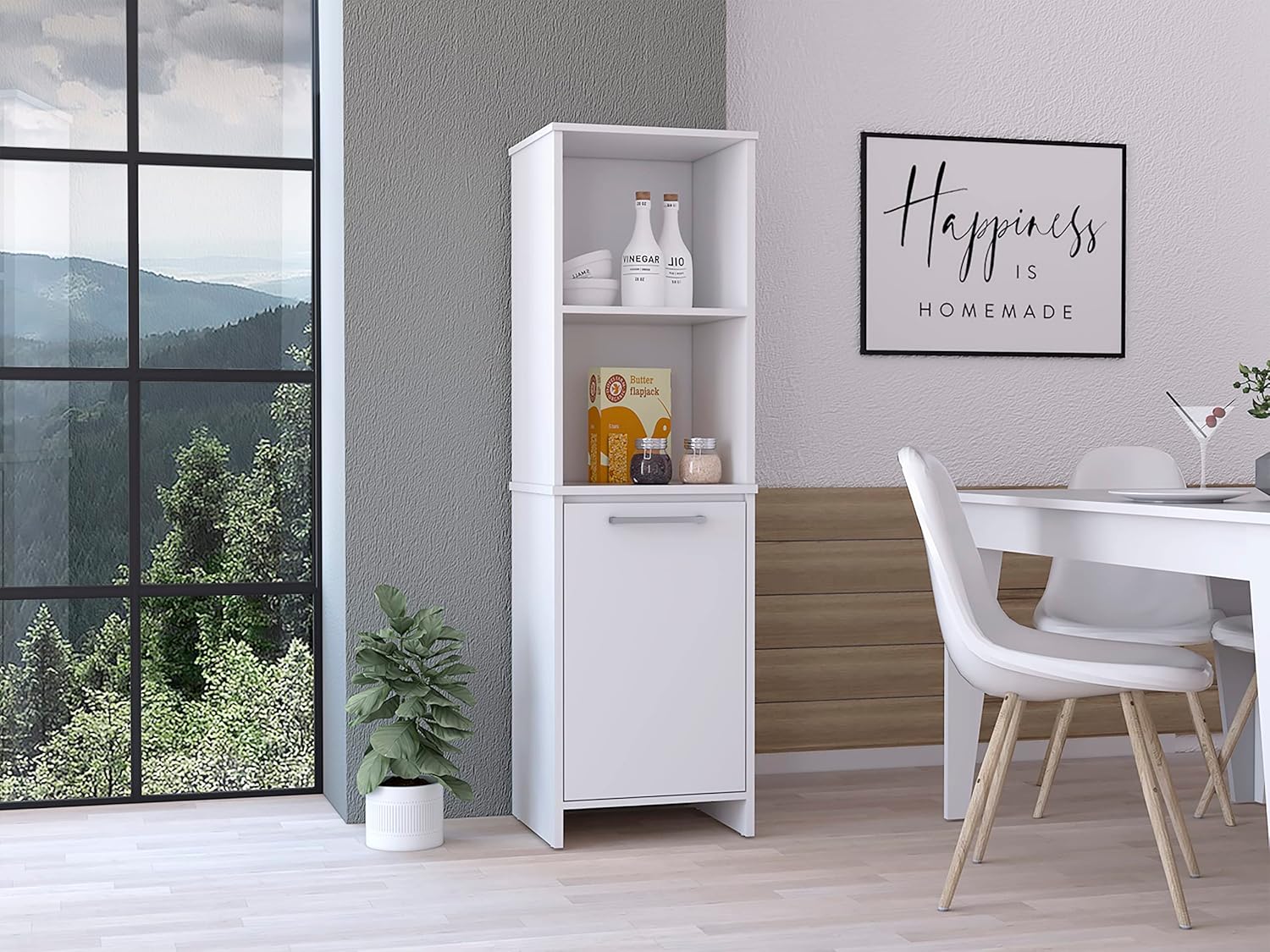 Living Room Bathroom Floor Cabinet, Modern Storage Cabinet with Open Shelves & Single Door, Wooden Sideboard Cupboard Laundry Room Side Cabinet, White