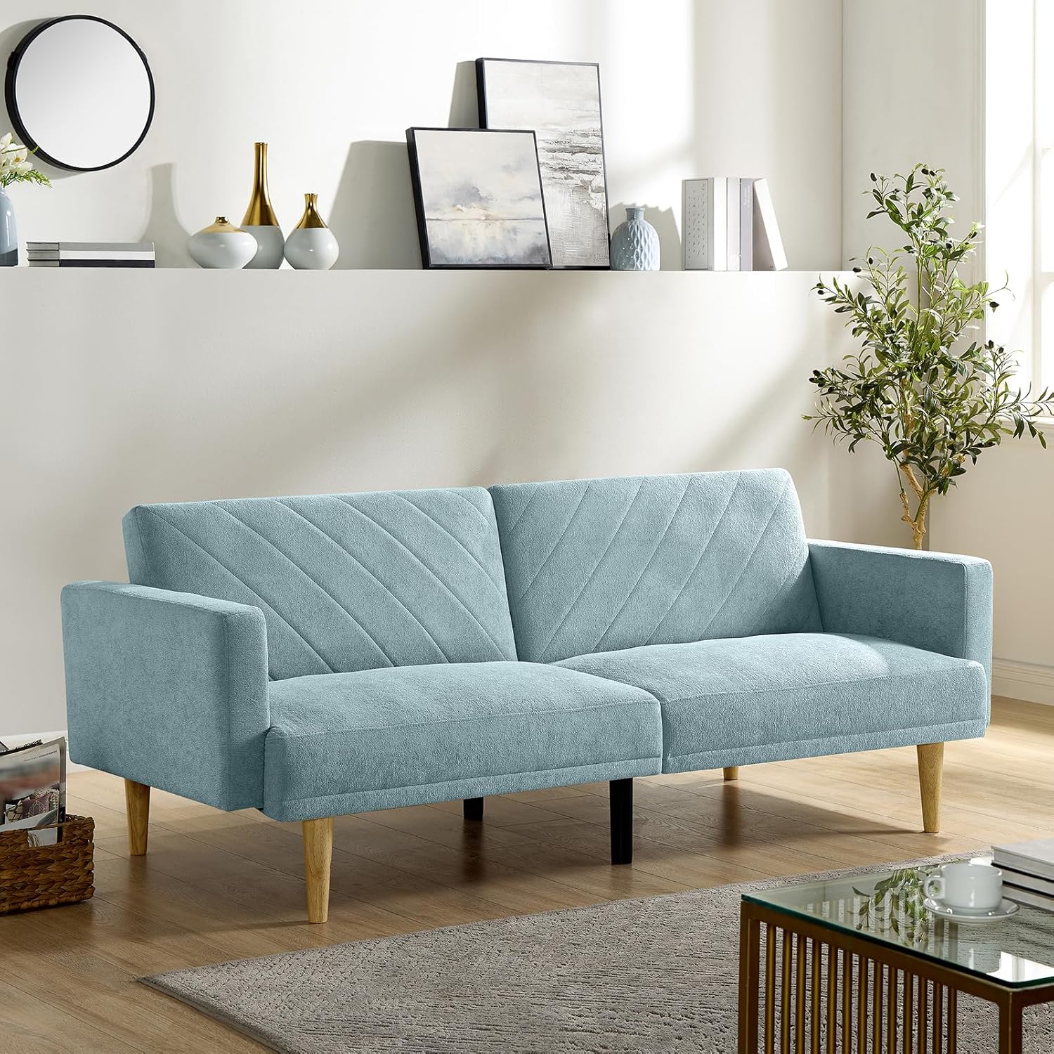 Multi-Functional Futon Sofa Bed :Tapered Wood Legs - Ideal for Small Living Rooms - Multi-Color Fabric Options - Easily Converts to Single Bed,Blue