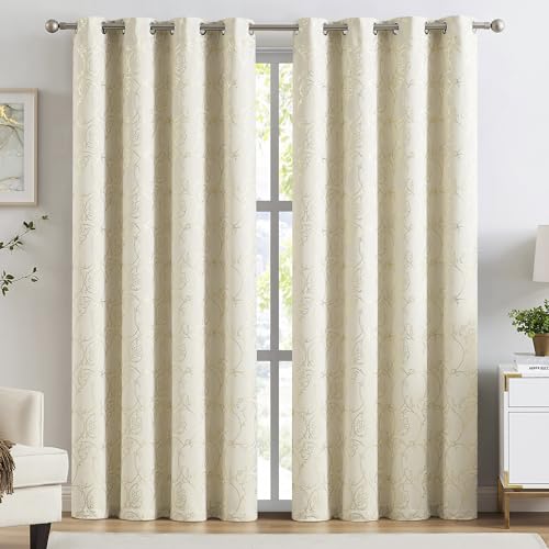 Enactex Blackout Curtains 95 Inches Long for Living Room, Grommet Room Darkening Drapes with Gold Floral Foil Pattern, Thermal Insulated Energy Saving Window Treatments 2 Panel sets, Silvery White