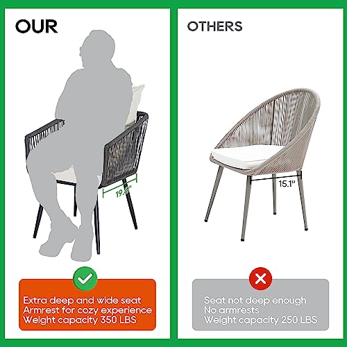 3 Piece Patio Bistro Set, Outdoor Wicker Balcony Furniture, Rope Woven Rattan Table and Chairs Conversation Set of 2 with 3.1” Thick Cushions for Apartments Backyard Porch Deck, Red Cushion