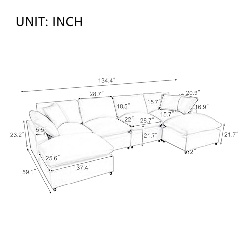 134.4 X 59.1'' U Shape Modular Sectional Sofa, Oversized Polyester Fabirc L Shaped Couch, Modern 6 Seat Corner Sofa Couch with 2 Removable Ottomans for Living Room, Office
