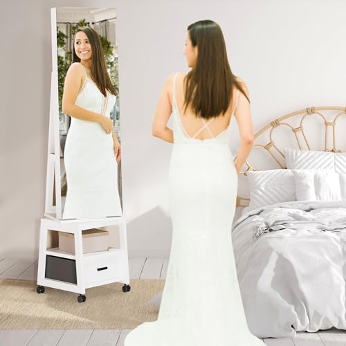 IDEALHOUSE 360° Swivel Jewelry Cabinet with LED Lights,Inside Makeup Mirror,Rotatable Full Length Mirror with Jewelry Storage,Lockable Standing Jewelry Armoire Organizer with Drawer and Wheels (White)