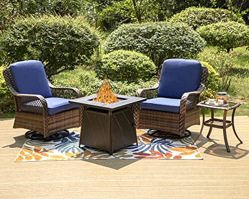 PHI VILLA Oversized Outdoor Wicker Patio Furniture Set 3 Piece, 2 Rattan Swivel Rocker Patio Chairs Large Oversized Deep Seating Group with Navy Blue Cushions & Side Table
