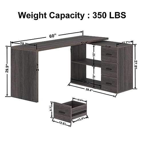 HSH L Shape Desk with Drawers, L-Shaped Desk with Storage Cabinet Shelves, Home Office Corner Computer Desk for Executive Writing, Modern Wood Study PC Table in Bedroom Living Room, Grey Oak, 55 Inch