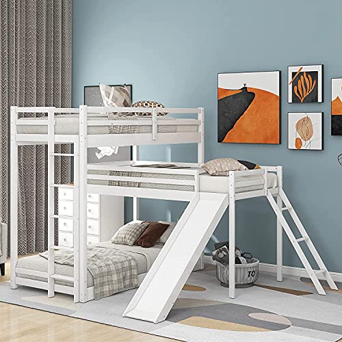 L-Shaped Triple Bunk Bed, Rockjame Twin Over Twin Bunk Bed Frame with Attached Twin Loft Bed, Ladder and Slide for Kids and Young Teens (White) (Color : Grey)