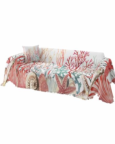 Ocean Orange Red Cover Couch Covers for 3-4 Cushion Couch Throw Couch Cover Tassel Soft Slipcover Vintage Summer Sea Turtle Coral Starfish Conches Beige Couch Furniture Protector for Dog Pet 71