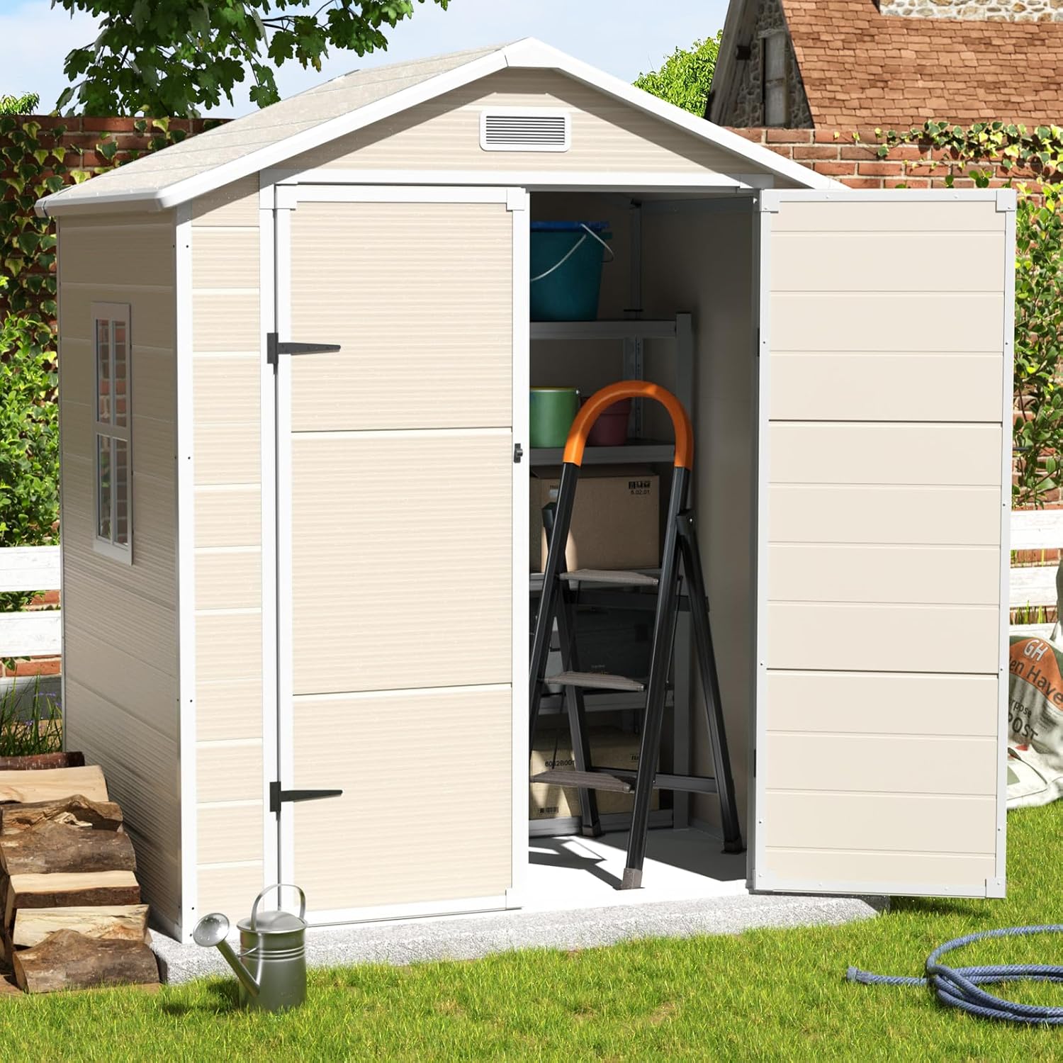 Outdoor Storage Shed, 6x4.5 FT Resin Shed with Floor and Lockable Door, Window & Vents, Waterproof Tool Sheds & Outdoor Storage for Bike, Garbage Cans,Garden Accessories, Sandstone