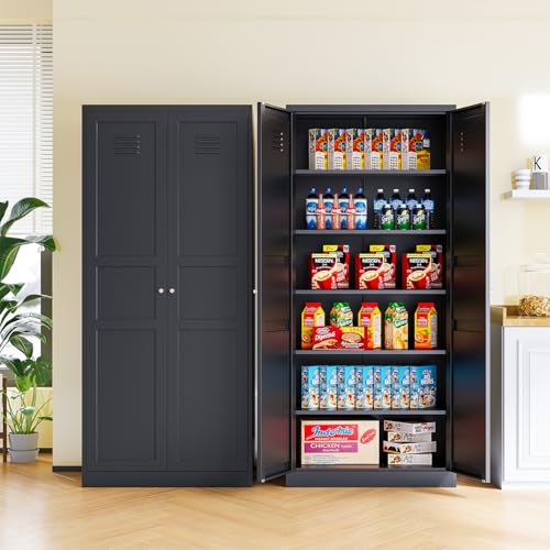 Kitchen Pantry Storage Cabinet, Metal Kitchen Pantry Cabinet with 2 Doors and Adjustable Shelves Kitchen Storage Cabinet for Dining Room,Living Room, Laundry(Black)
