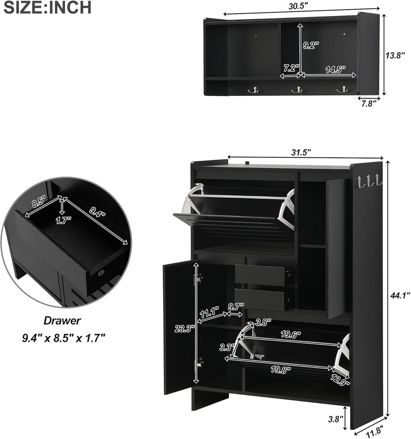 Shoe Storage Cabinet, Multi-Functional Shoe Organizer with Storage, Space-Saving Design Foyer Cabinet with 2 Flip Drawers, Versatile Side Cabinet for Hallway, Black