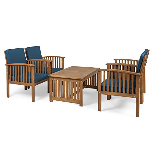 GDFStudio Outdoor 4-Seater Acacia Wood Club Chairs with Coffee Table, Brown Patina Finish and Cream
