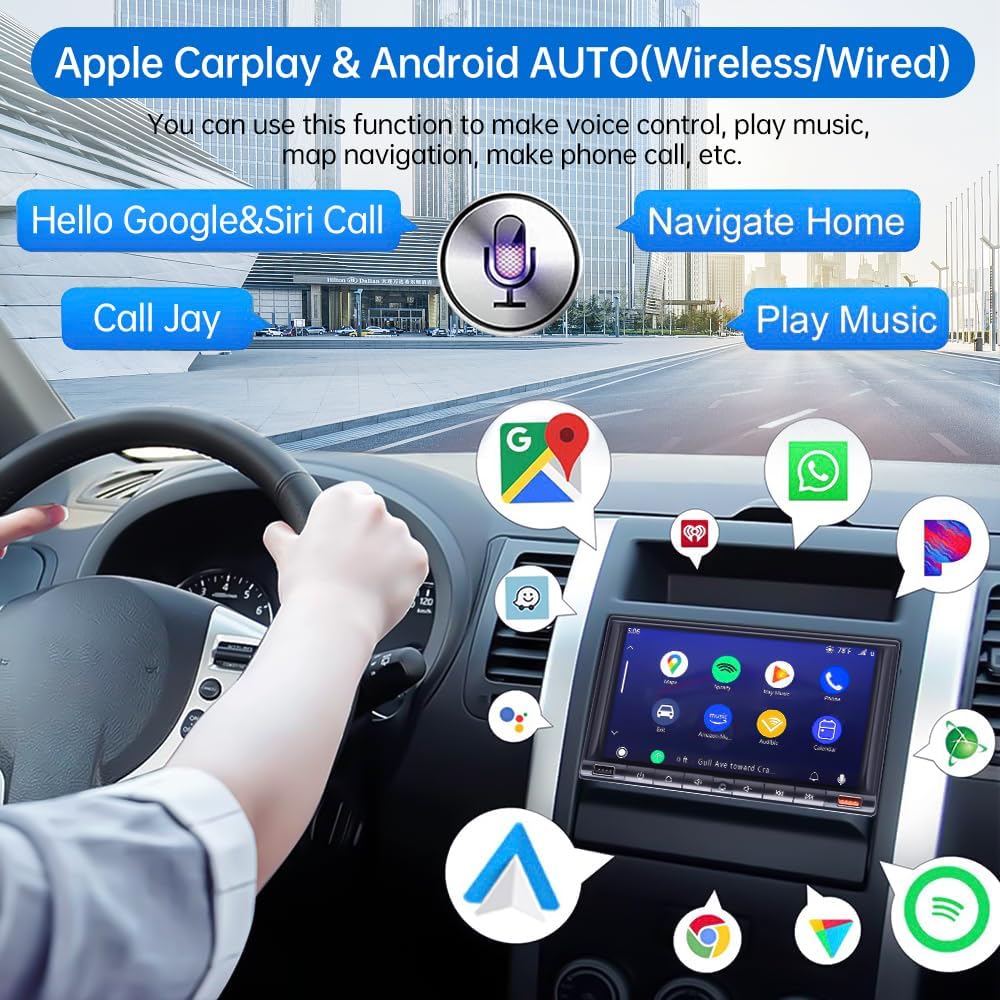 2024 Newest 7 Inch Double Din Car Stereo for Wireless Carplay&Android Auto with Voice Control,Car Radio with HD Touch Screen Bluetooth5.2, AM/FM/Mirror Link/Backup Camera/SWC/AUX/MIC/DSP
