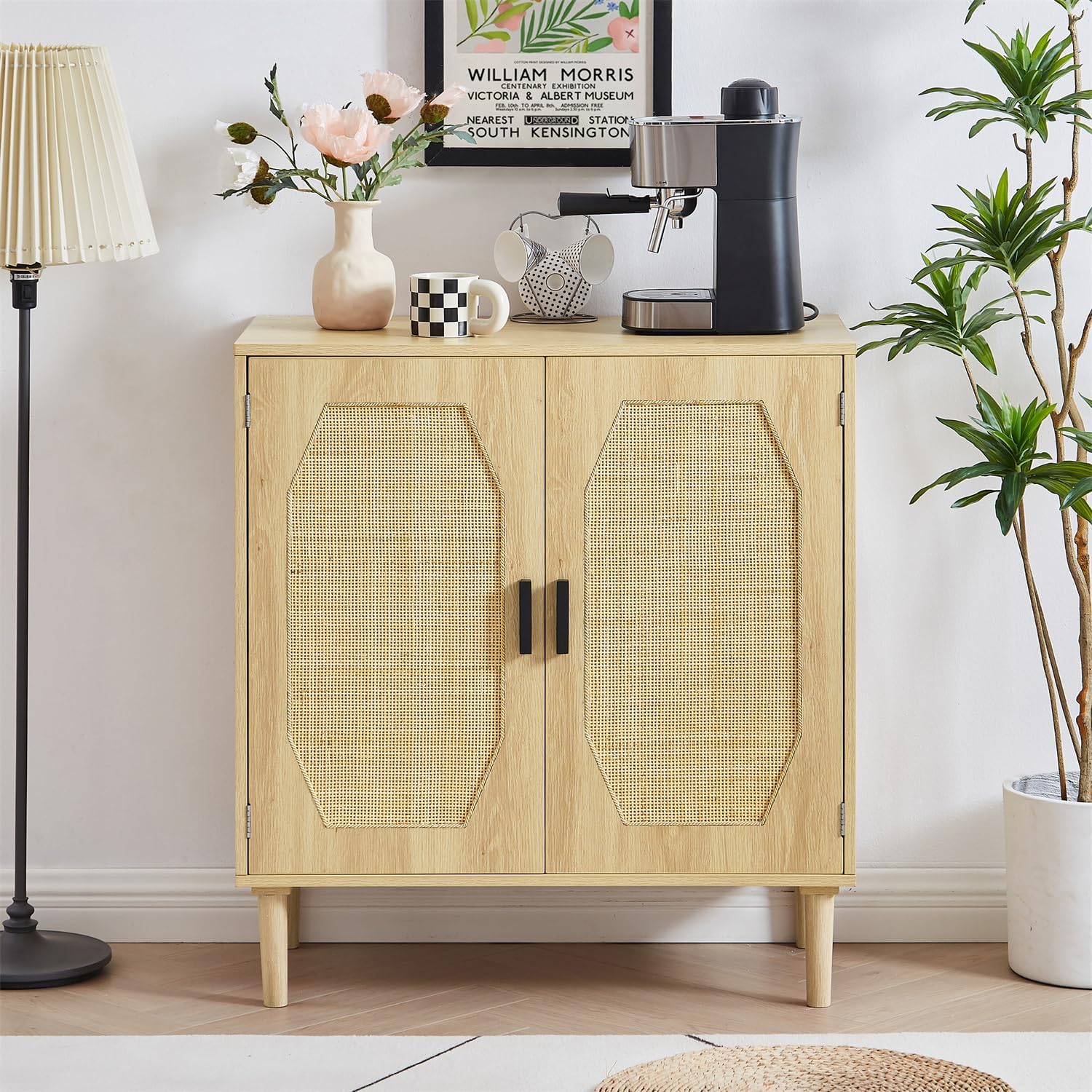 ZeHuoGe Rattan Cabinets with 2 Doors, Wood Buffets Cabinet with Caning Doors, Cane Storage Cabinet,Decoration Cabinet with Cane Webbing for Living Room