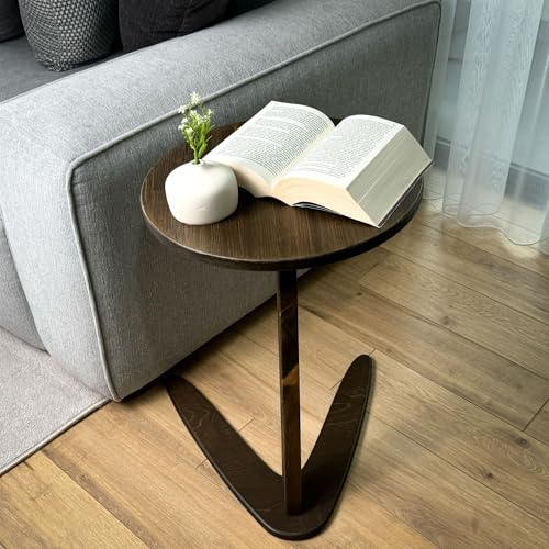 C-Shaped Handmade End Table, Side Table for Couches, Sofa Tables Slide Under Couch for Living Room, Over Couch TV Tray Table for Small Spaces (Medium, Chestnut)