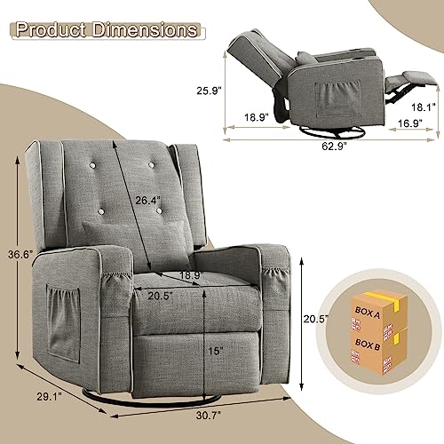360° Nursery Swivel Recliner Chair Manual Swivel Rocker Recliner Chair Overstuffed Wingback Glider Chair w/Side Pockets/Cup Holders (Blue Gray)