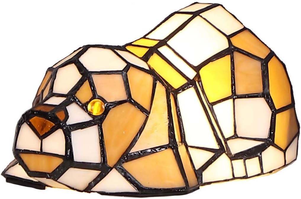 Bieye L10210 Cute Puppy Dog Patiently Waiting for Someone to Play with Tiffany Style Stained Glass Accent Table Lamp Night Light for Bedside Living Room Office Bedroom Animal Pet Lover, Orange