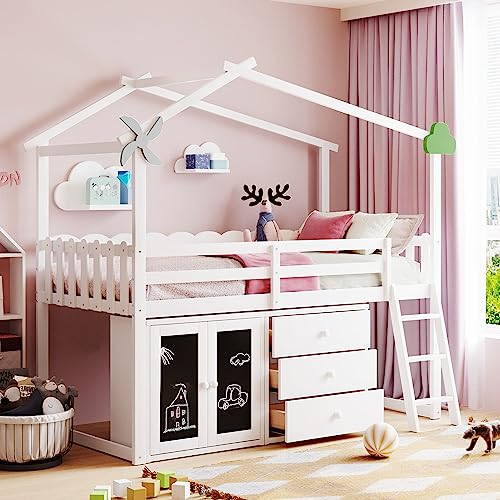 CITYLIGHT Twin Size House Loft Bed with Storage Cabinet and 3 Drawers, Wood Loft Bed Twin with Roof, Blackboards and Guardrail, Kids Playhouse Bed Twin for Teens, Boys, Girls, Grey