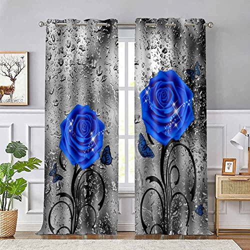 Yellow Rose Print Curtains for Living Room Bedroom, 42x84 Inches Polyester, Floral Raindrops Gray Art Blackout Thermal Insulated Drapes, 2 Panels CLOKEO0145