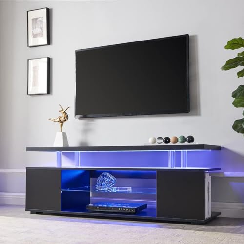 TV Stand for 70 Inch TV, LED Gaming Entertainment Center with Storage, Media Storage TV Console Table with Large Sliding Drawer & Side Cabinet, Modern TV Stands for Living Room, White