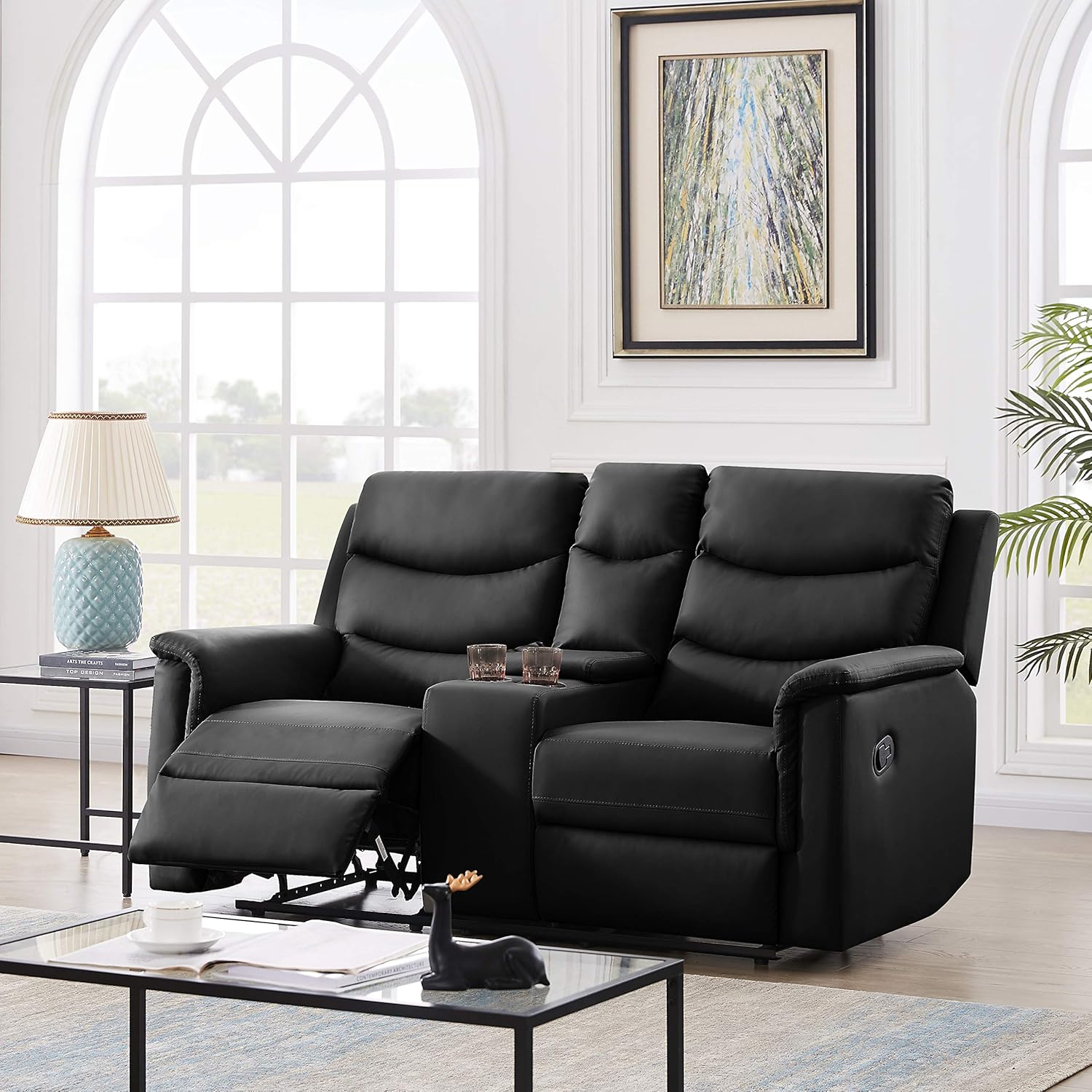Manual Motion 3 Seaters Sectional, Wall Hugger Sofa Recliners, for Living Room Faux Leather Upholstered, 2 Cup Holders, 67.7