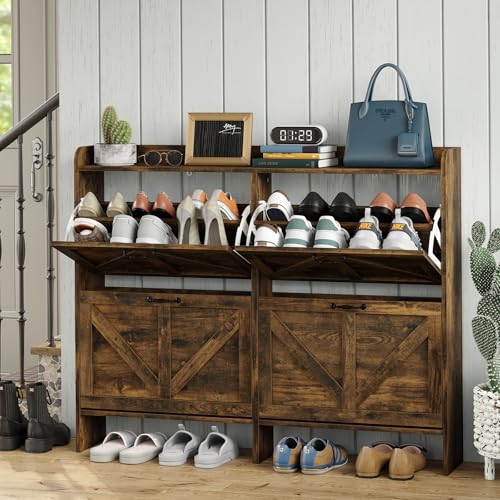 Shoe Storage Cabinet with 4 Flip Drawers, Freestanding Shoe Rank, Shoe Cabinet with Mental Legs for Entryway, Slim Shoe Cabinet (Rustic Brown)