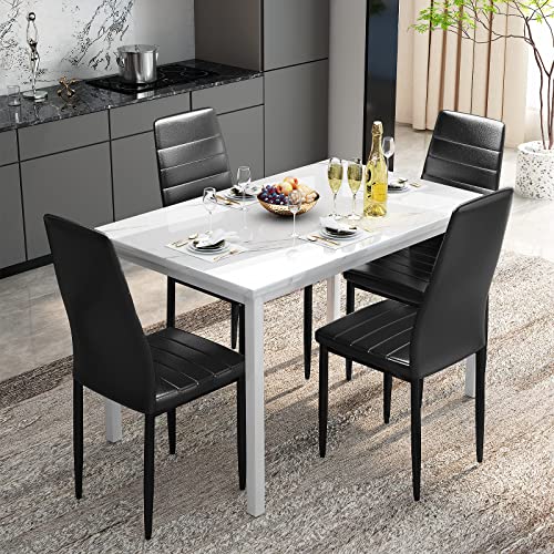 Dining Table Set for 4, Marble Kitchen Table and Chairs for 4, Comfortable PU Leather Chairs,Dining RoomTable Set for Small Space,Living Room, Breakfast Nook,White