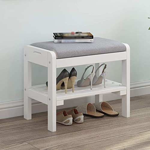 Shoe Storage Bench with Cushion for Entryway, Shoe Bench Rack with Cushion Double-Layer Large Capacity, Household Simple Solid Wood Shoe Changing Stool, Multifunctional Storage Stool(Primary Color+gre
