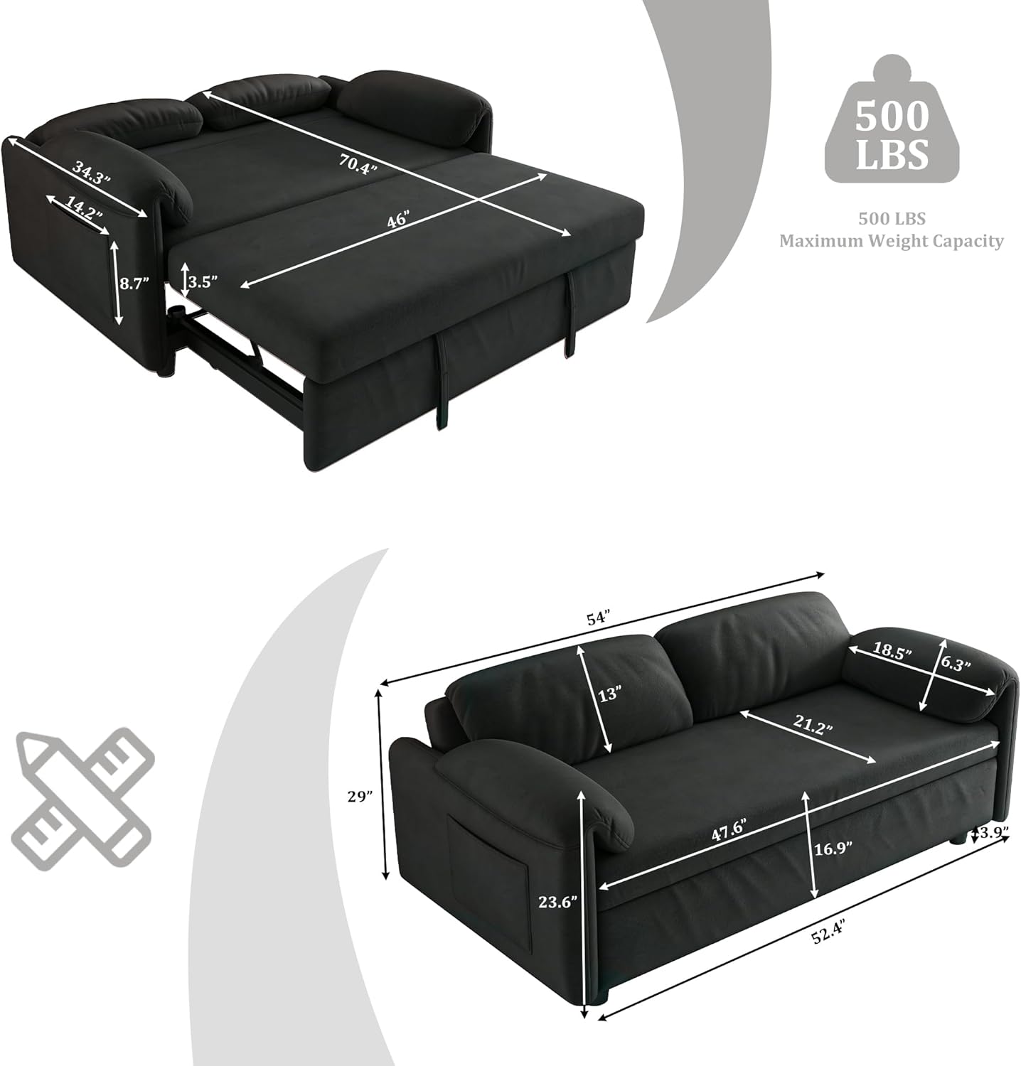 Pull Out Sofa Bed, 53'' Loveseat Sleeper, 3-in-1 Velvet Sleeper Sofa, Convertible Sofa Bed with Adjustable Backrest, Sleeper Couch for Living Room Bedroom Small Space (Black)