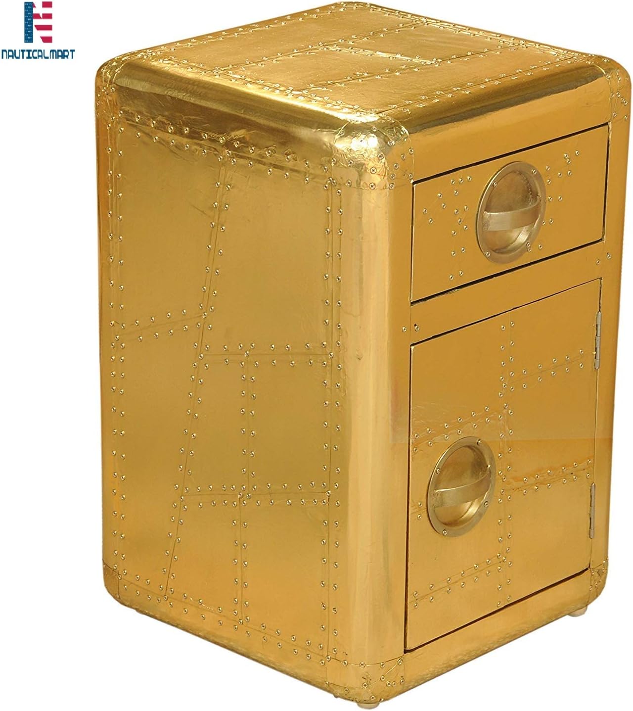 NauticalMart Aviator Side Table with Door and Drawer Handmade Aviation Accent Chest Gold