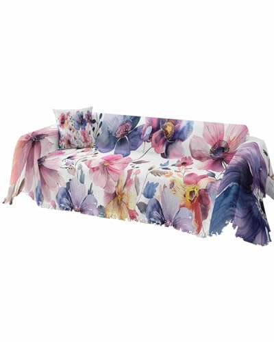 Floral Pink Blue Cover Couch Covers for 3-4 Cushion Couch Throw Couch Cover with Tassel Soft Slipcover Spring Watercolor Flower Plants on Burlap Couch Furniture Protector for Dog Pet 71