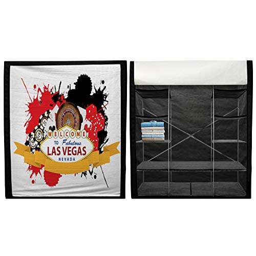 Ambesonne Las Vegas Portable Fabric Wardrobe, Entertainment Gamble Game Dice Leisure Fortune Evocative Welcome Pictogram, Clothing Organizer and Storage Closet with Shelves, 42.5