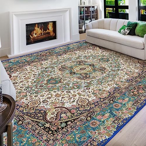 Vamcheer Vintage Washable Area Rug 9x12 - Classic Chenille Rugs for Living Room Bedroom Dining Room Traditional Carpet for Office Kitchen Non Slip Ivory Outdoor Rug
