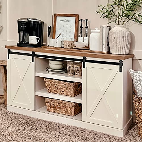 PHI VILLA Farmhouse Coffee Bar Cabinet - Sliding Barn Door Kitchen Sideboard Buffet Storage Cabinet