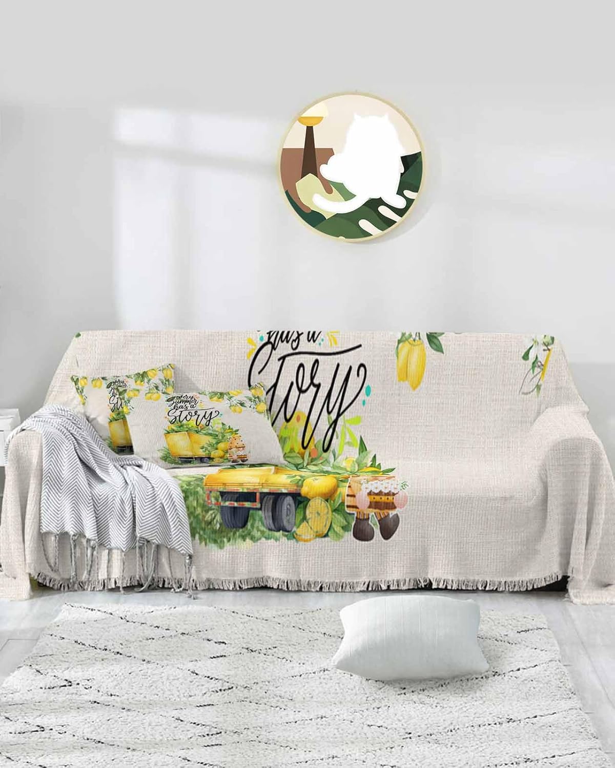 Lemon Yellow Sofa Cover Couch Covers for 3 Cushion Couch Throw Couch Cover with Tassel Soft Sofa Slipcover Summer Truck Gnome Tree Leaf on Beige Couch Furniture Protector for Dog Pet 71