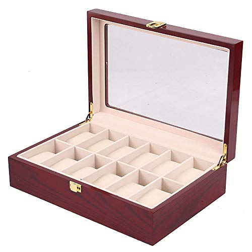 Wooden Case Watch Display Box with Valet Drawer for Men Women Accessories Glass Top Collection Box Jewelry Storage Organizer Holder Gifts(14 Slots) Walnut