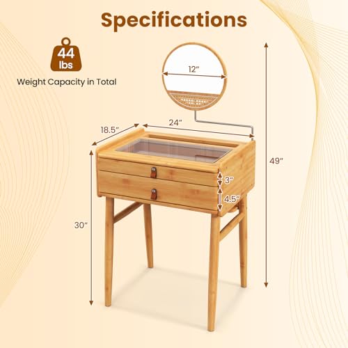 GOFLAME Bamboo Vanity Stool, Rattan Top Ottoman Footrest with Anti-slip Foot Pads, Leisure Seat Stool, Shoe Changing Stool, Small Make-up Stool for Dressing Room Living Room Bedroom, Easy Installation