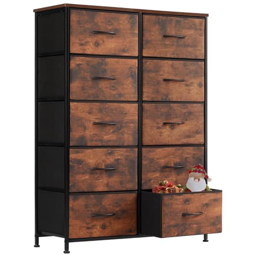 Sweetcrispy Dresser, Tall Dresser for Bedroom, Drawer Dresser Organizer Storage Drawers with 10 Drawers, Chest of Drawers with Fabric Bin, Steel Frame, Wood Top for Bedroom, Closet, Entryway