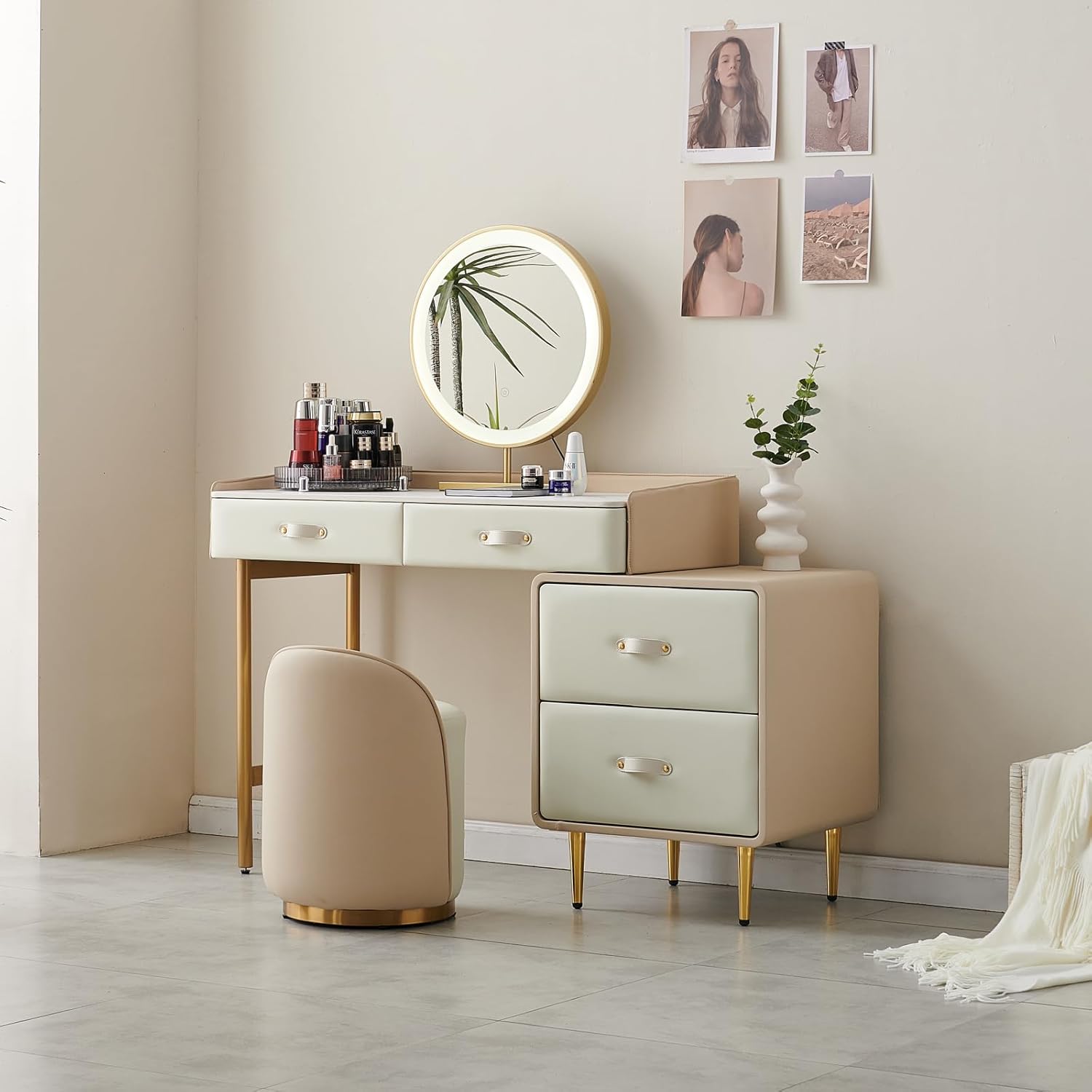 Makeup Vanity Desk with Slate Countertop Dressing Table Set with 4 Storage Drawers, Pinkish White