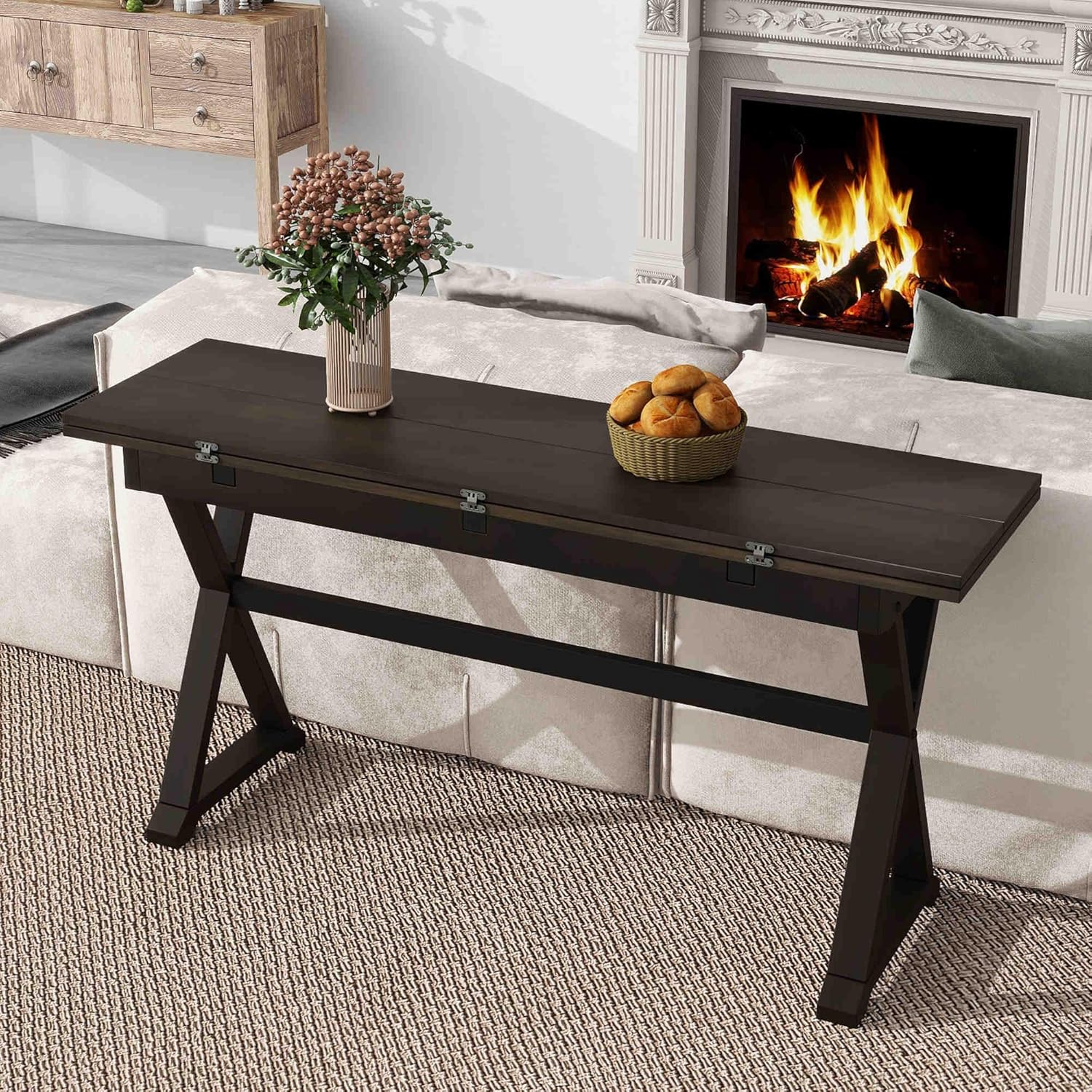 5-Piece Dining Table Set with Expandable Rubberwood Table & Linen Upholstered Chairs - Perfect for Small Spaces and Kitchen Dining