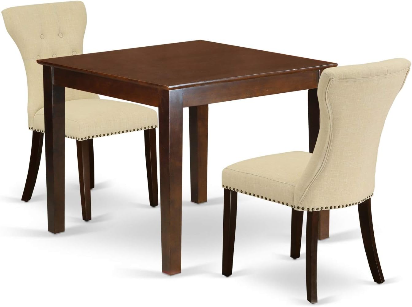 Ergode 3-Pc Dining Kitchen Table Set | Asian Rubber Wood | Mahogany Finish | Linen Fabric Cushion | Compact Design | Easy Assembly | Rectangular Table & 2 Parson Chairs