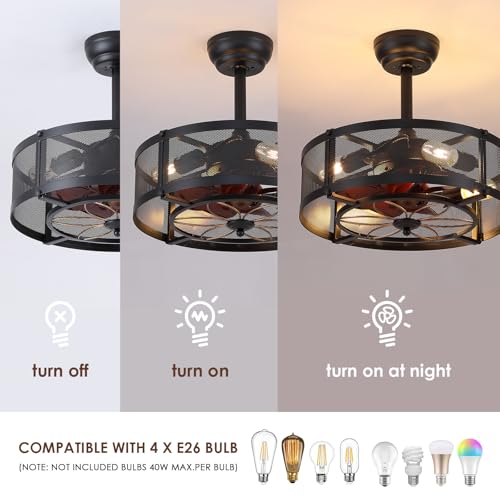 Asyko Caged Ceiling Fans with Lights - Black Farmhouse Ceiling Fan Light with 6 Speeds, Reversible DC Silent Motor, Modern Low Profile Indoor/Outdoor Fan Light for Bedroom, Bulbs Not Included