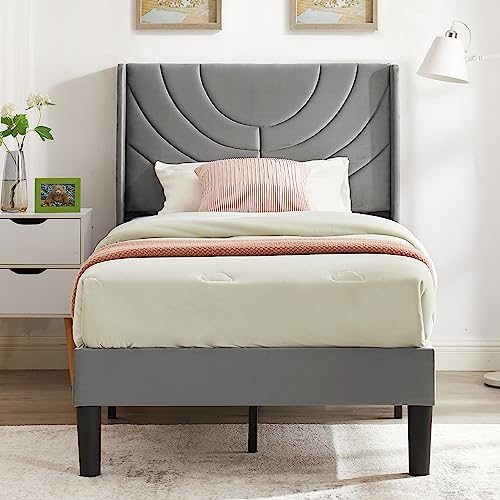 VECELO Twin Size Upholstered Platform Bed Frame with Fabric Headboard,Wooden Slats Support/No Box Spring Needed/Mattress Foundation,Dark Green