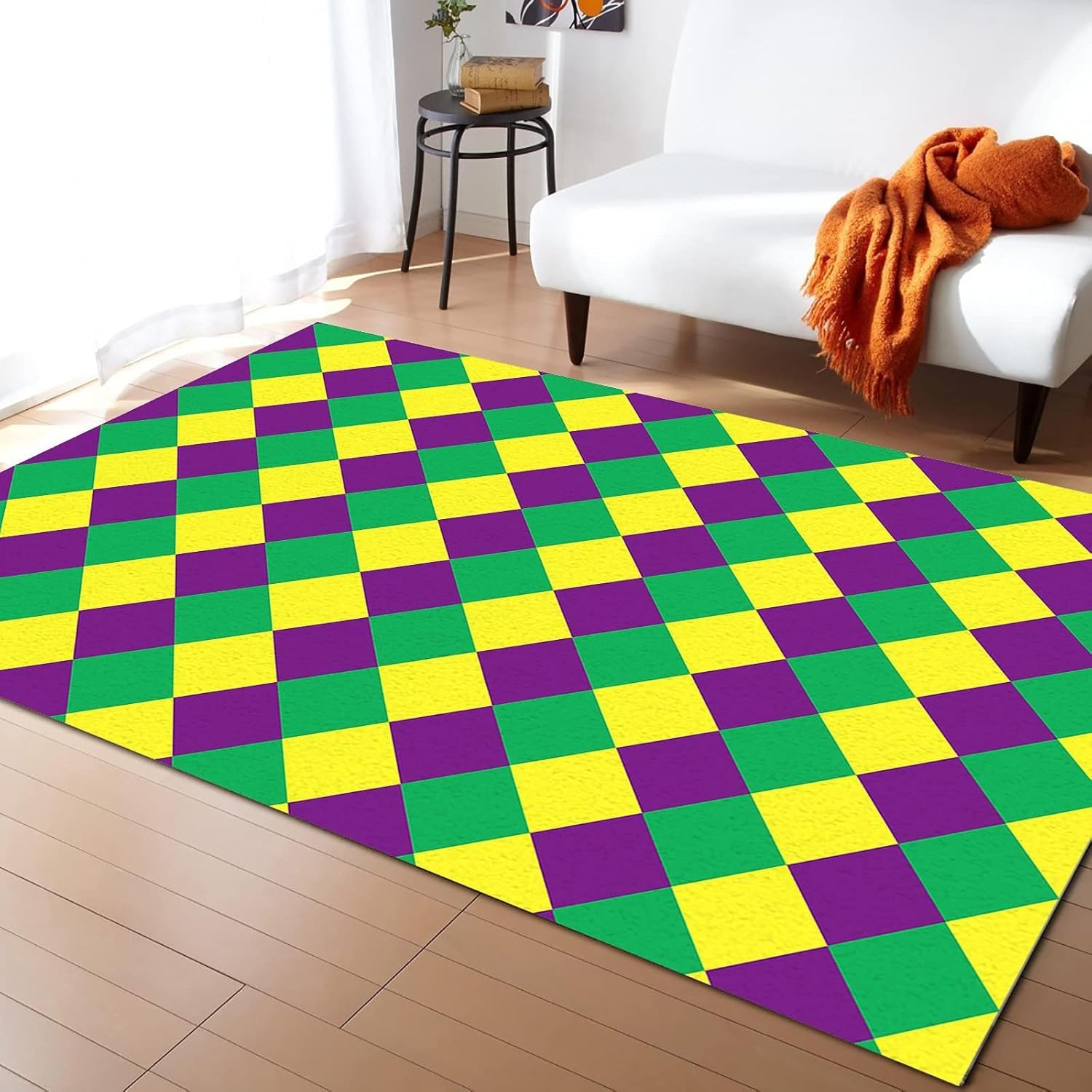 Green Yellow Purple Diamond Plaid Large Area Rug, Mardi Gras Home Rugs, Soft Durable Indoor Rugs with Non-Slip Backing for Bedroom Living Room Kids Room Home Decor, 2x3ft
