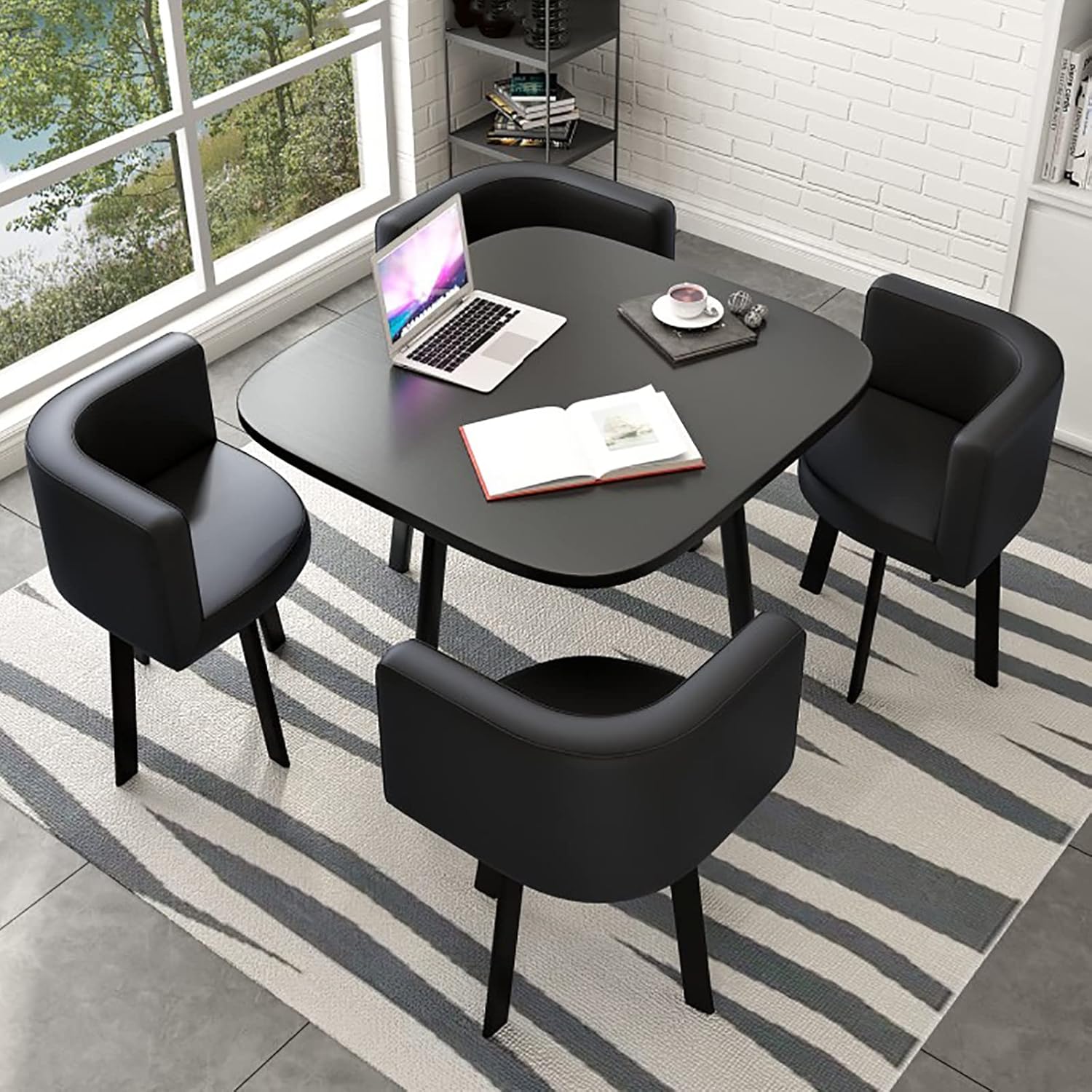 Marble Texture Round Dining Table Set Space Saving Round Dining Table Set 4 Seater Coffee Table Round Table for Dining Room and Kitchen with Recessed Rest