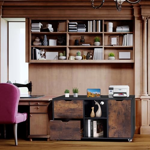 Large File Cabinet, Mobile Lateral Filing Cabinet with Charging Station for Home Office, Wood Printer Stand with Storage Drawers, Fits Letter/Legal/A4 Size File, All Black