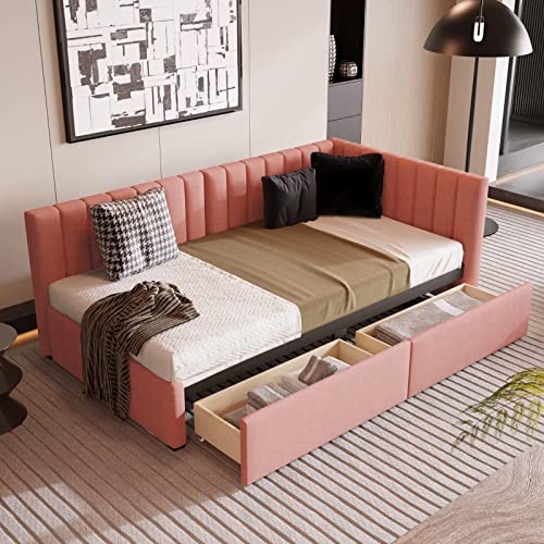 Upholstered Bed Frame with L-Shaped Headboard, Twin Size Daybed with 2 Storage Drawers and Solid Slats Support, Modern Tufted Sofa Bed for Living Room, Bedroom, No Box Spring Needed, Beige