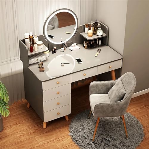 Vanity Desk with Mirror and Lights Wooden Dressing Table Multifunctional Makeup Table with Mirror Comfortable Cabinets Living Room Bedroom Furniture Vanity Desk(Gris,L 80cm*D40cm*H120CM)