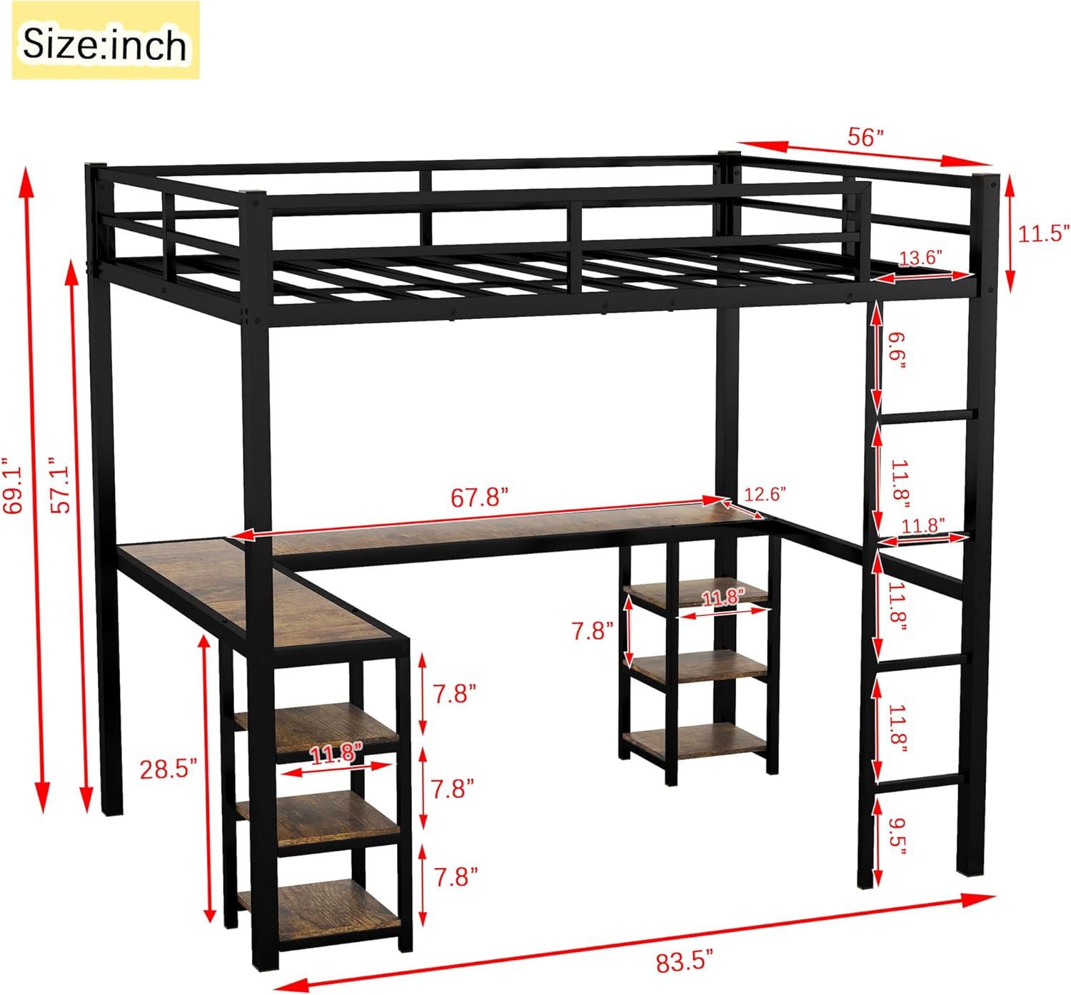 Full XL Size High Loft Bed with L-shaped Desk & 2 Units Storage Shelves, Heavy Duty Metal Loft Bed Frame with Ladder and Safety Guardrail, Space-Saving, Noise Free, No Box Spring Needed