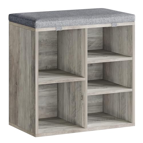 Senfot Shoe Storage Bench with Cushion, 5-Cubby Shoe Rack, Adjustable Shelves, Multifunctional Shoe Organizer Bench for Entryway, Mudroom, Hallway, Living Room, and Bedroom, (Grey, 20-inch)
