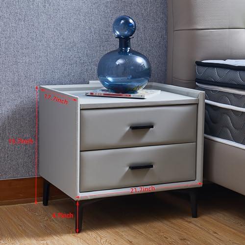 Modern PU Leather Nightstand 2 Drawers Side Table End Table,Wooden Frame Night Stand with Metal Legs & Handle Bedside Tables for Living Room/Bedroom (Grey Blue)