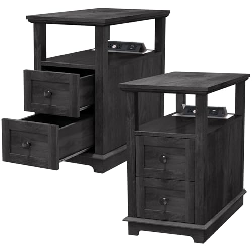 HIFYOBRO Narrow End Table with Flip Top Charging Station Set of 2, Side Table with 2 Drawers, Type-C & USB port & Power outlets, Wooden Storage Cabinet for Living Room and Bedroom